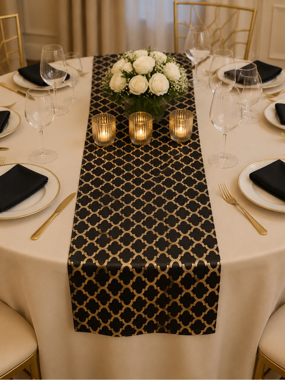 Lot of 8 Decoris Black Gold Moroccan Table Runner Fabric Rolls Party Wedding NYE